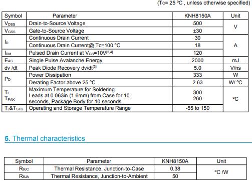 逆變器后級(jí)電路MOS管KNH8150A 30A 500V TO-3P-KIA MOS管