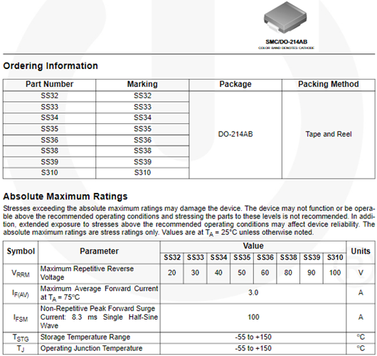 ss34二極管參數(shù)封裝圖